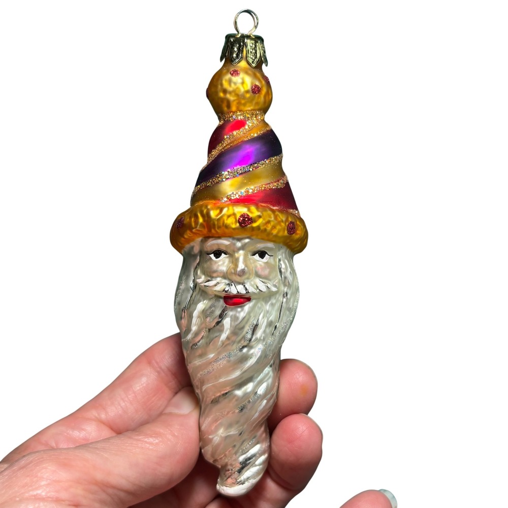 Vintage Multicolor Glitter Accented Glass Santa Claus Figural Ornament